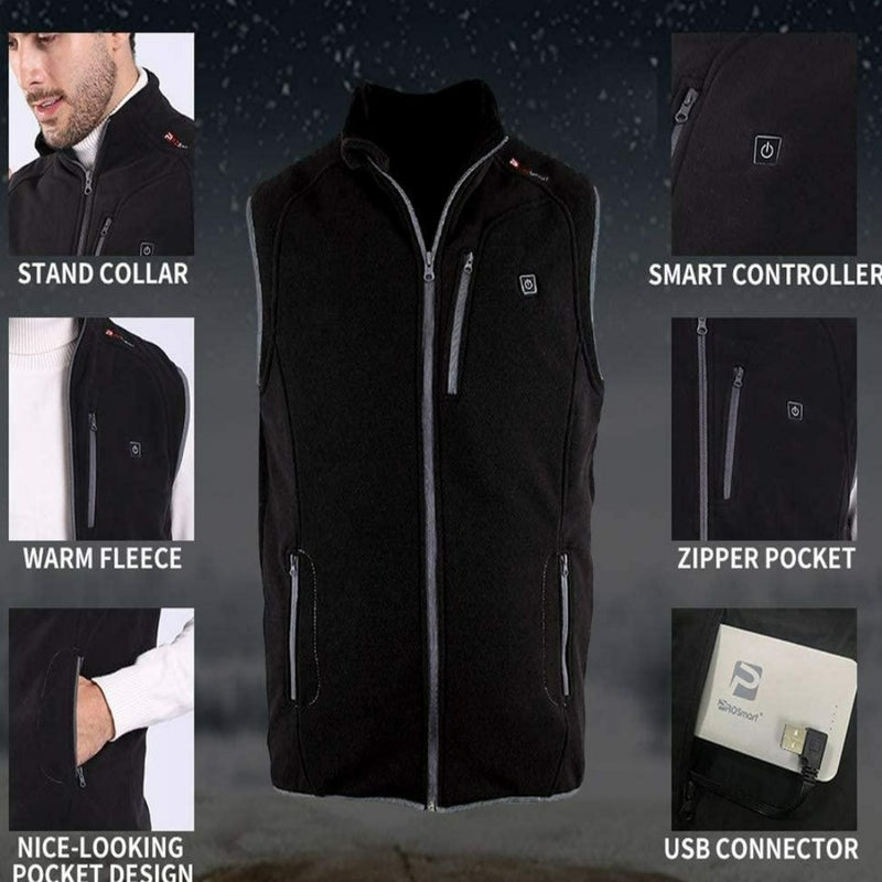 Laad afbeelding in Galerijviewer, Een collage toont het &quot;Verwarmd vest met USB-batterij: Warm en comfortabel, waar je ook gebogen&quot; met opstaande kraag, slimme controller, warme fleece, ritszakken en USB-connector. Omliggende tekst benadrukt verstelbare verwarmingsniveaus.
