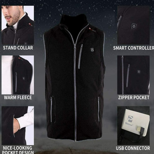Een collage toont het "Verwarmd vest met USB-batterij: Warm en comfortabel, waar je ook gebogen" met opstaande kraag, slimme controller, warme fleece, ritszakken en USB-connector. Omliggende tekst benadrukt verstelbare verwarmingsniveaus.