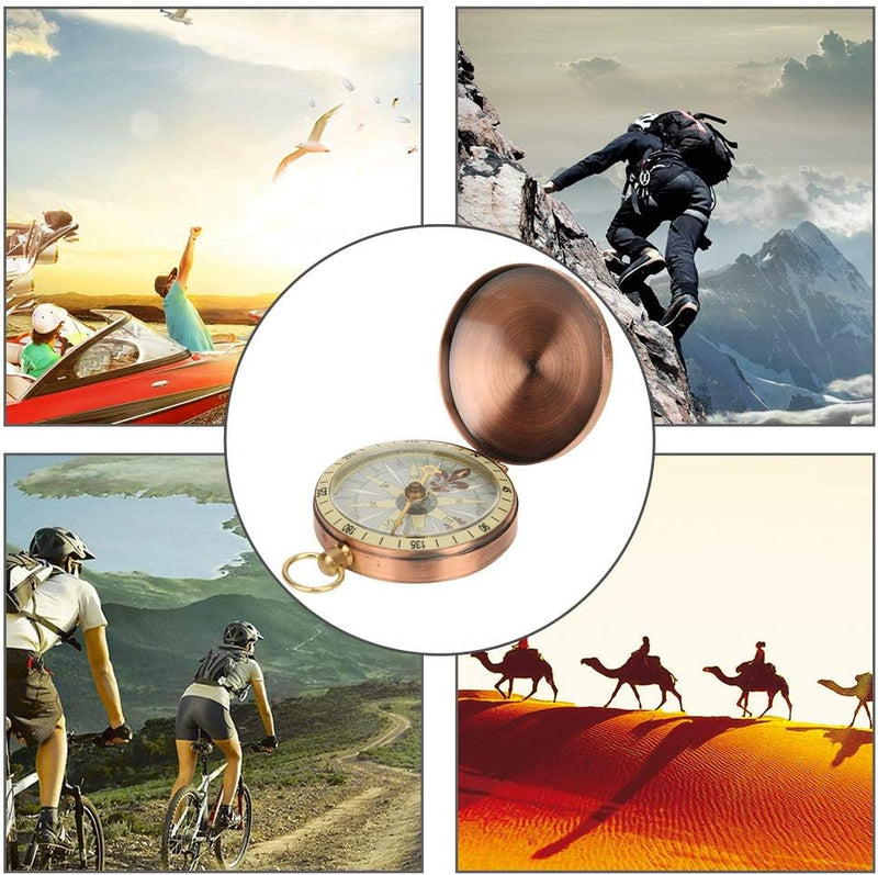 Laad afbeelding in Galerijviewer, Een Vintage koper kompas: een klassiek hulpmiddel voor outdoorliefhebbers is te zien tussen afbeeldingen van parachutisten, bergbeklimmers, fietsers en kameelrijders in de woestijn.
