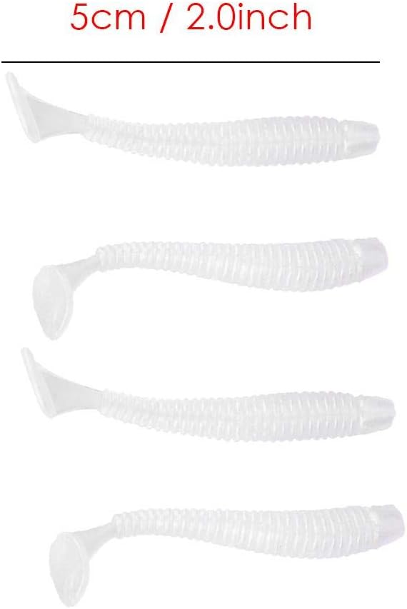 Laad afbeelding in Galerijviewer, Vier transparante, geribbelde plastic vislokmiddelen met duurzame siliconen en T-staartontwerp, elk 5 cm (2 inch) lang, worden verticaal getoond uit de collectie &quot;Vis als een pro met dit 50-delige set zachte kunstaas!.
