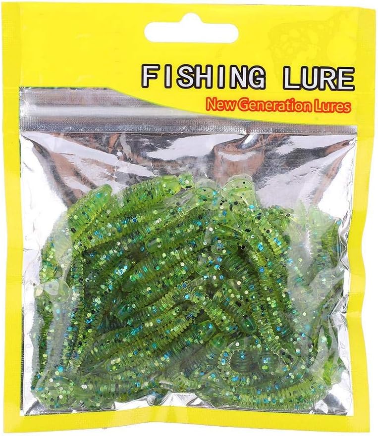 Laad afbeelding in Galerijviewer, Een gele &quot;Vis als een pro&quot; verpakking bevat groene, getextureerde kunstaasjes met blauwe spikkels, een T-staart design, gemaakt van duurzaam siliconen. De doorzichtige voorkant van de 50-delige set toont de opvallende inhoud.
