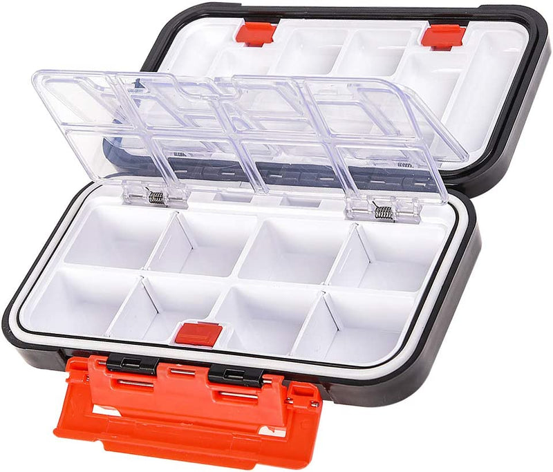 Laad afbeelding in Galerijviewer, De &quot;Ervaar de magie van onze veilige kunstaas opberging&quot; is een zwart en rode plastic opbergdoos met meerdere compartimenten voor waterdichte bescherming. Het transparante deksel onthult witte binnengedeelten gemaakt van hoogwaardige materialen, perfect voor een succesvolle viservaring.
