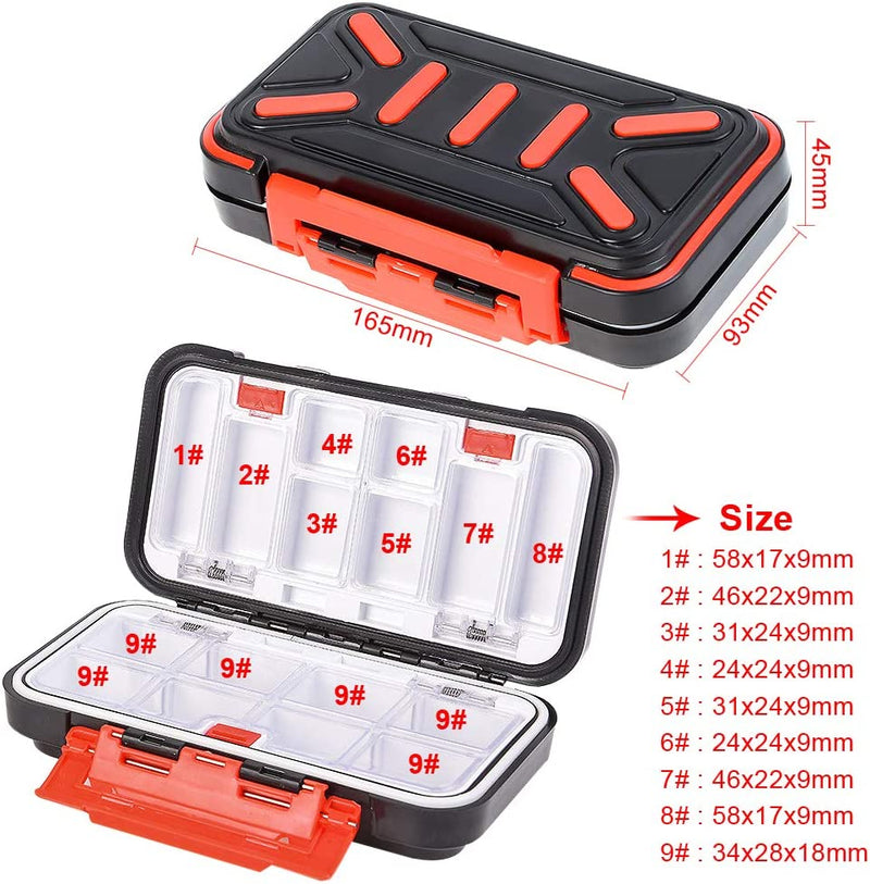Laad afbeelding in Galerijviewer, De zwart-rode plastic organizer box met compartimenten, ideaal voor het opbergen van kunstaas, biedt een waterdichte bescherming. Afmetingen en maten voor elk compartiment worden vermeld. Ervaar de magie van onze veilige kunstaas-opslag: De sleutel tot een succesvolle viservaring!.
