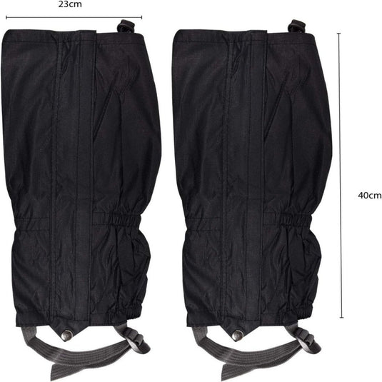 Deze zwarte "Gaiters: de ultieme bescherming voor al je buitenactiviteiten" zijn perfect voor buitenactiviteiten, met verstelbare banden met afmetingen van 23 cm breed bij 40 cm hoog.