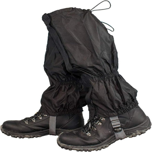 Zwarte wandelschoenen met "Gaiters: de ultieme bescherming voor al je buitenactiviteiten", met waterdicht ontwerp, elastische banden en voetriemen voor een veilige pasvorm.