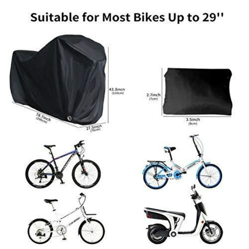 Laad afbeelding in Galerijviewer, Een collage benadrukt een zwarte fietshoes, geschikt voor fietsen tot 29 inch, met illustraties van de afmetingen en stijlen zoals berg, vouwbaar, weg en elektrisch. Het benadrukt de kenmerken van de waterdichte fietshoes gemaakt van duurzaam materiaal met handige slotgaten.
