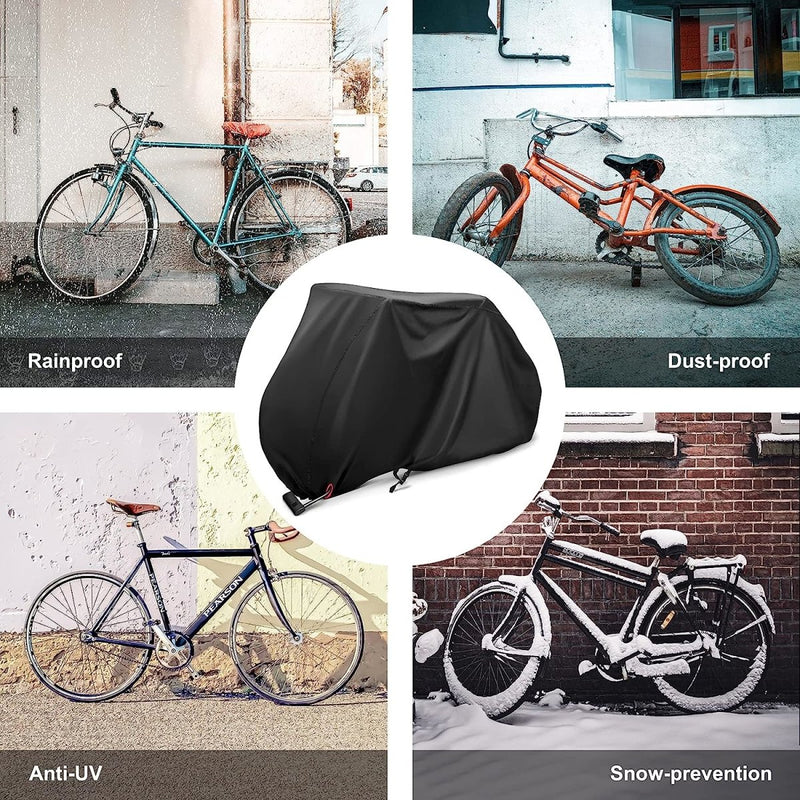 Laad afbeelding in Galerijviewer, Vier afbeeldingen tonen fietsen in regen-, stof-, zon- en sneeuwomstandigheden. Een centrale afbeelding toont een overdekte fiets die gebruik maakt van het &quot;Bescherm je fiets met onze waterdichte fietshoes voor 2 fietsen&quot;, gemaakt van 210D Oxford-doek, met beschrijvingen waarin de bescherming tegen elementen van elke voorwaarde wordt vermeld.
