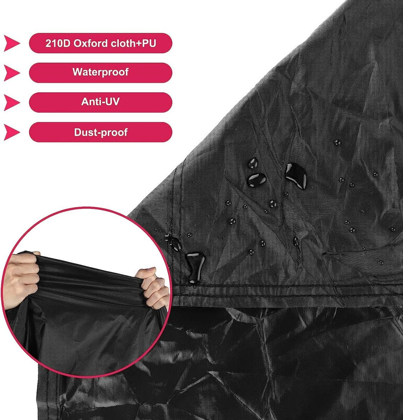 Laad afbeelding in Galerijviewer, Close-up van een zwart fietshoes van 210D Oxford-doek met waterdruppels. In de inzet zijn handen te zien die de stof uitrekken. Bescherm je fiets met onze waterdichte fietshoes voor 2 fietsen biedt bescherming tegen elementen zoals water, UV-stralen en stof.
