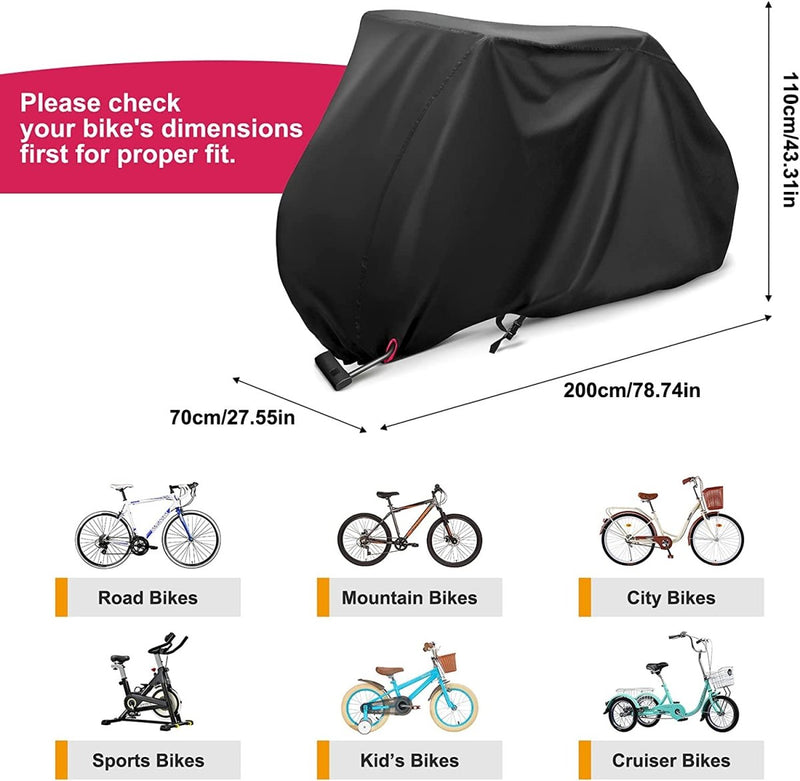 Laad afbeelding in Galerijviewer, Bescherm je fiets met onze waterdichte fietshoes voor 2 fietsen, vervaardigd uit duurzaam 210D Oxford-doek, afmetingen 200cm x 70cm x 110cm. Het biedt uitstekende bescherming tegen elementen en is ideaal voor alle soorten fietsen, waaronder stads-, sport- en kinderfietsen.
