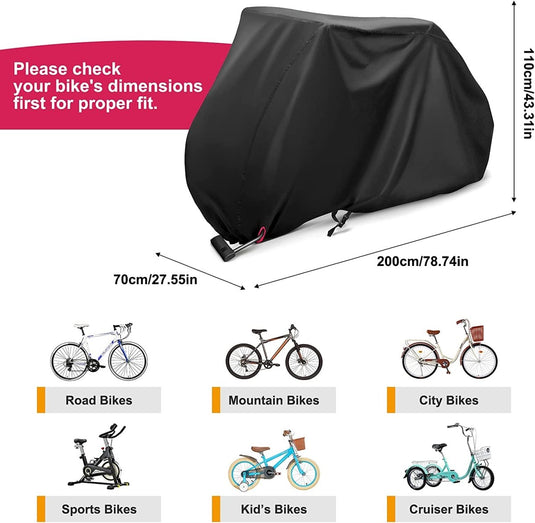 Bescherm je fiets met onze waterdichte fietshoes voor 2 fietsen, vervaardigd uit duurzaam 210D Oxford-doek, afmetingen 200cm x 70cm x 110cm. Het biedt uitstekende bescherming tegen elementen en is ideaal voor alle soorten fietsen, waaronder stads-, sport- en kinderfietsen.