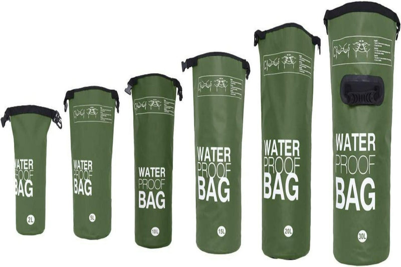 Laad afbeelding in Galerijviewer, Six Verken zorgeloos de natuur met onze waterdichte tas! tassen, in het groen, gemaakt van hoogwaardige materialen en verkrijgbaar in de maten 2L, 5L, 10L, 15L, 20L en 30L staan rechtop tegen een witte achtergrond.
