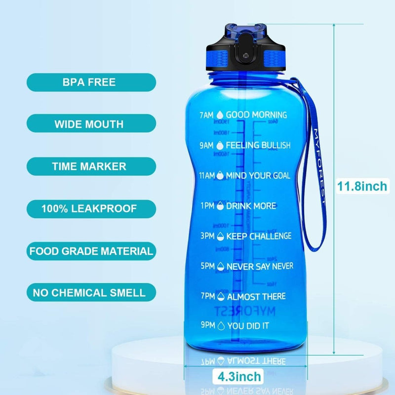 Laad afbeelding in Galerijviewer, De &quot;Ontdek de ultieme 2L waterfles&quot; biedt een blauwe fles met motiverende tijdsmarkeringen (7AM-9PM), BPA-vrij, brede opening, 100% lekvrij en food-grade materiaal zonder chemische geur. Afmetingen: 11,8 x 4,3 inch—ideaal voor gezondheidsbewuste gebruikers!.

