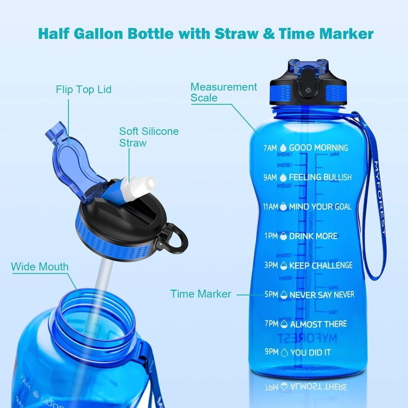 Laad afbeelding in Galerijviewer, De &quot;Ontdek de ultieme 2L waterfles: Motivatie en hydratatie in één!&quot; is een blauwe BPA-vrije fles met maataanduidingen en tijdsmarkeringen, voorzien van een klapdeksel, zacht siliconen rietje, brede opening en polsbandje om de dagelijkse waterinname efficiënt bij te houden.
