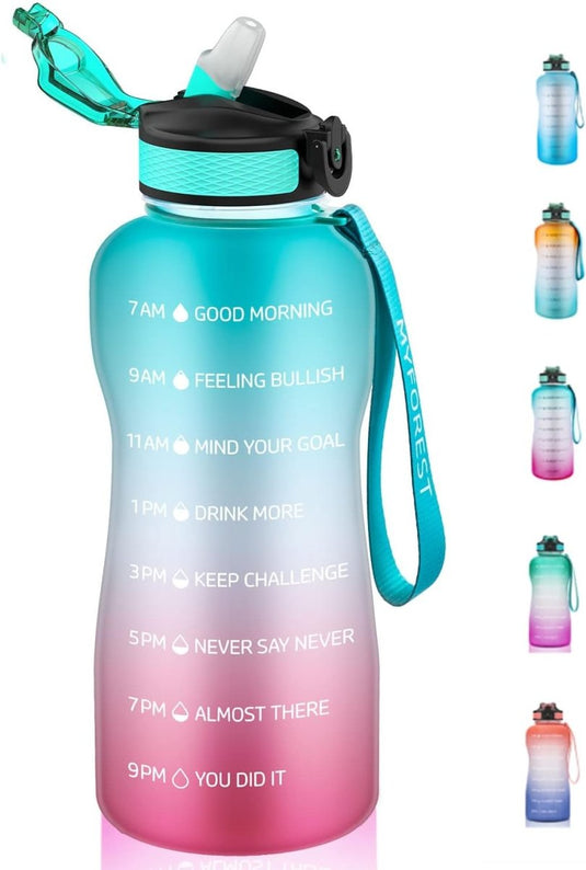 Ontdek de levendige 2L ombre waterfles: BPA-vrij, met motiverende tijdmarkeringen van 7 AM tot 9 PM. Blijf gezond met het flipdeksel en rietje, verkrijgbaar in meerdere kleuren zoals afgebeeld.
