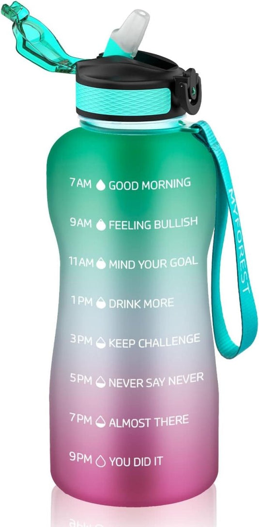 Het "Ontdek de ultieme 2L waterflesjes: Motivatie en hydratatie in één!" is een kleurverloop, BPA-vrije fles met tijdsgemarkeerde motiverende zinnen, een opklapbaar deksel en een bijpassend polsbandje om een gezonde hydratatie van 07.00 uur tot 21.00 uur te bevorderen.