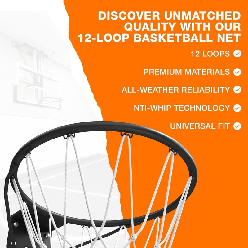 Laad afbeelding in Galerijviewer, Promoot een NBA-stijl netafbeelding met een professionele pasvorm van &quot;Word de volgende Michael Jordan met onze professionele basketbalring!&quot; met een net van duurzame materialen met 12 lussen voor betrouwbaarheid onder alle weersomstandigheden, anti-whiptechnologie en een opvallende oranje en witte achtergrond.
