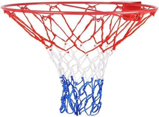 Bevestig dit duurzame rood-wit-blauwe net aan een metalen rand voor een officiële maat professionele basketbalkorf en word een echte basketbalheld!.