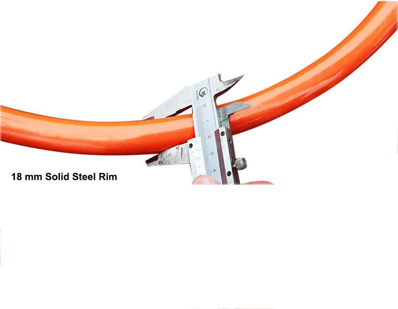 Laad afbeelding in Galerijviewer, Een schuifmaat meet de dikte van de oranje massief stalen velg precies op &quot;18 mm Solid Steel Rim&quot;. Gemaakt van duurzame materialen, de robuuste constructie kan wedijveren met die van een professionele basketbalring. Productnaam: Word een echte basketbalkampioen met onze basketbal professionelering!.

