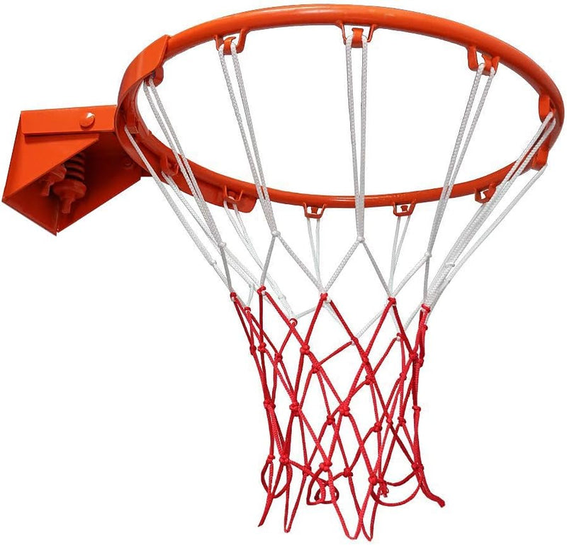 Laad afbeelding in Galerijviewer, Close-up van de oranje basketbalring &quot;Word een echte basketbalkampioen&quot;, met rood-wit net, gemonteerd op een muurbeugel en gemaakt van duurzame materialen.
