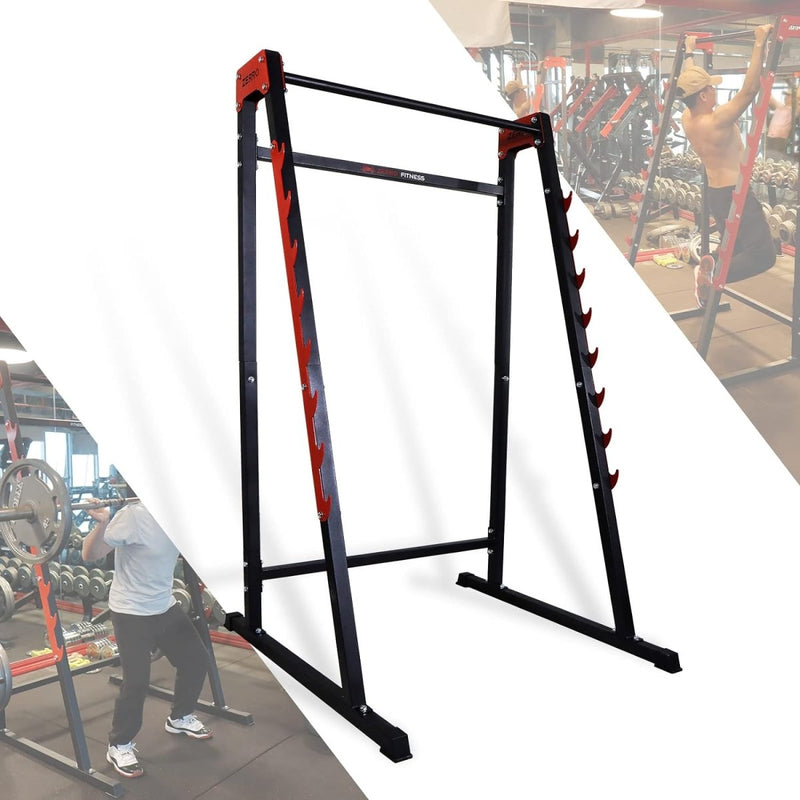 Laad afbeelding in Galerijviewer, Het squatrek, bekend als &quot;Word een krachtige krachtpatser met dit squatrek!&quot;, heeft een opvallend zwart en rood ontwerp tegen een witte achtergrond in een levendige sportschoolscène vol mensen die aan krachttraining doen.
