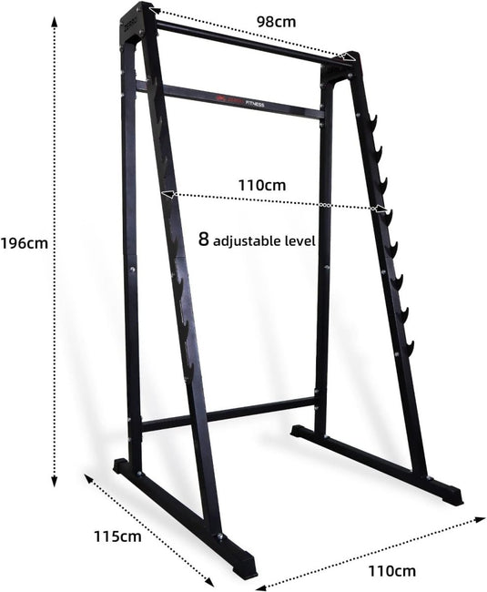 Introductie van de "Word een krachtige krachtpatser met dit squatrek!": een duurzaam metalen squat rack perfect voor krachttraining. Met een hoogte van 196 cm, een diepte van 115 cm en een breedte van 110 cm met een breedte van de bovenste stang van 98 cm, biedt het 8 verstelbare niveaus, wat het een ideale halterstandaard maakt voor uw fitnessroutine.
