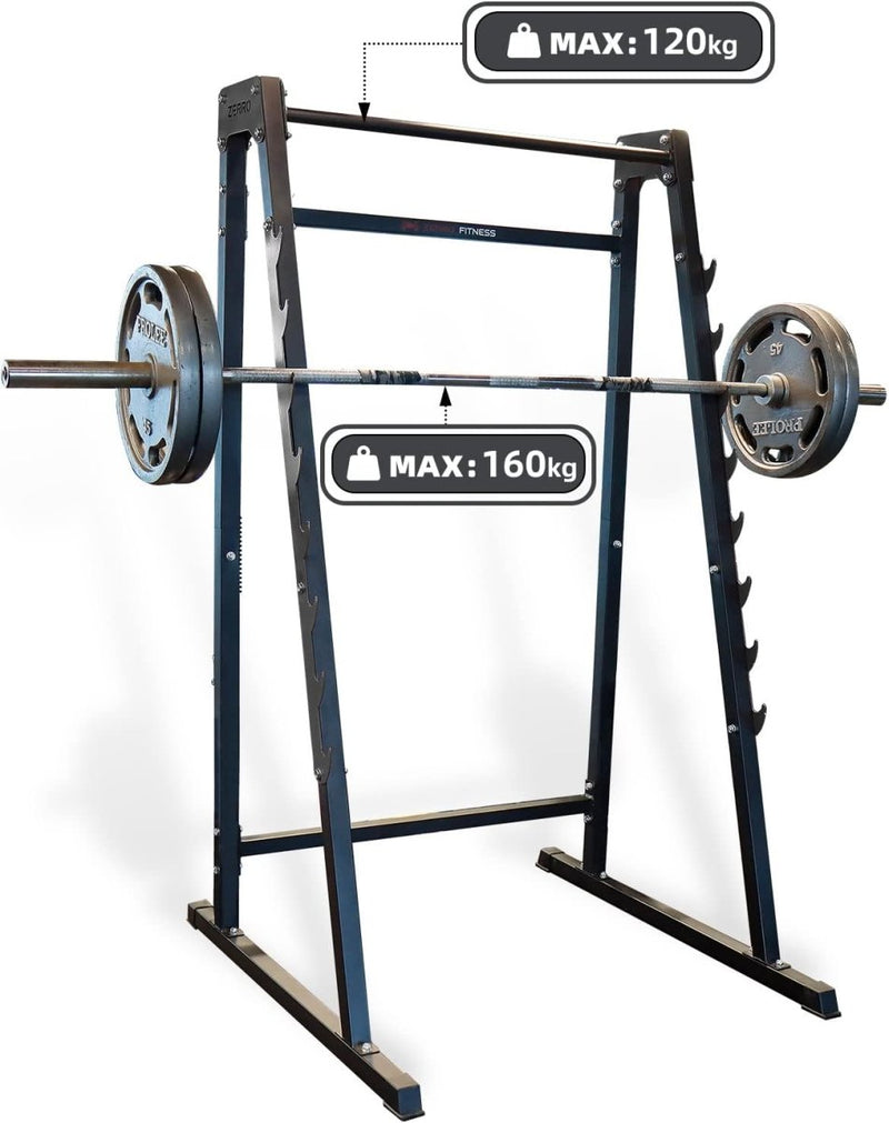 Laad afbeelding in Galerijviewer, Het &quot;Word een krachtige krachtpatser met dit squatrek!&quot; De Smith-machine is essentieel voor krachttraining en biedt plaats aan een halter met gewichten, met een maximale staafcapaciteit van 160 kg en een structuurcapaciteit van 120 kg. Het doet efficiënt dienst als halterstandaard en squatrek.
