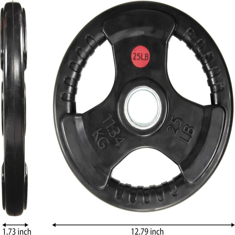 Laad afbeelding in Galerijviewer, De &quot;Word sterker, fitter en behaal je fitnessdoelen&quot; platen zijn rubberen 2-inch Olympische grip gewichten, gemarkeerd met 25 LB en 11.34 KG in het zwart. Met een diameter van 12.79 inch en een dikte van 1.73 inch, elk met een rode cirkel op de voorkant voor krachttrainingsoefeningen.
