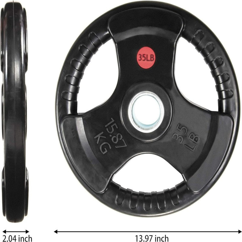 Laad afbeelding in Galerijviewer, De &quot;Word sterker, fitter en behaal je fitnessdoelen&quot; zwarte 35 lb Olympische grip gewichtsschijf heeft een duurzame rubberen coating en handgrepen. Hij is 2,04 inch dik en 13,97 inch in diameter, met het gewicht weergegeven in een opvallende rode cirkel voor eenvoudige identificatie tijdens krachttrainingsoefeningen.
