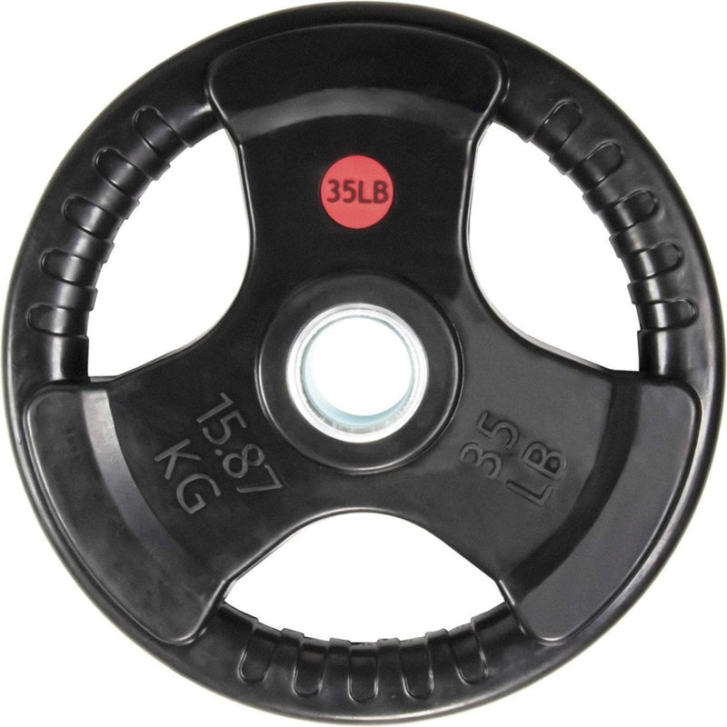 Laad afbeelding in Galerijviewer, Een zwarte, met rubber beklede Olympische halterschijf van 16 kilo, met een gat in het midden en handgrepen, aangegeven in pond (35 LB) en kilogram (15,87 KG), ideaal voor krachttrainingsoefeningen.
