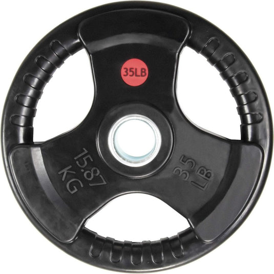 Een zwarte, met rubber beklede Olympische halterschijf van 16 kilo, met een gat in het midden en handgrepen, aangegeven in pond (35 LB) en kilogram (15,87 KG), ideaal voor krachttrainingsoefeningen.