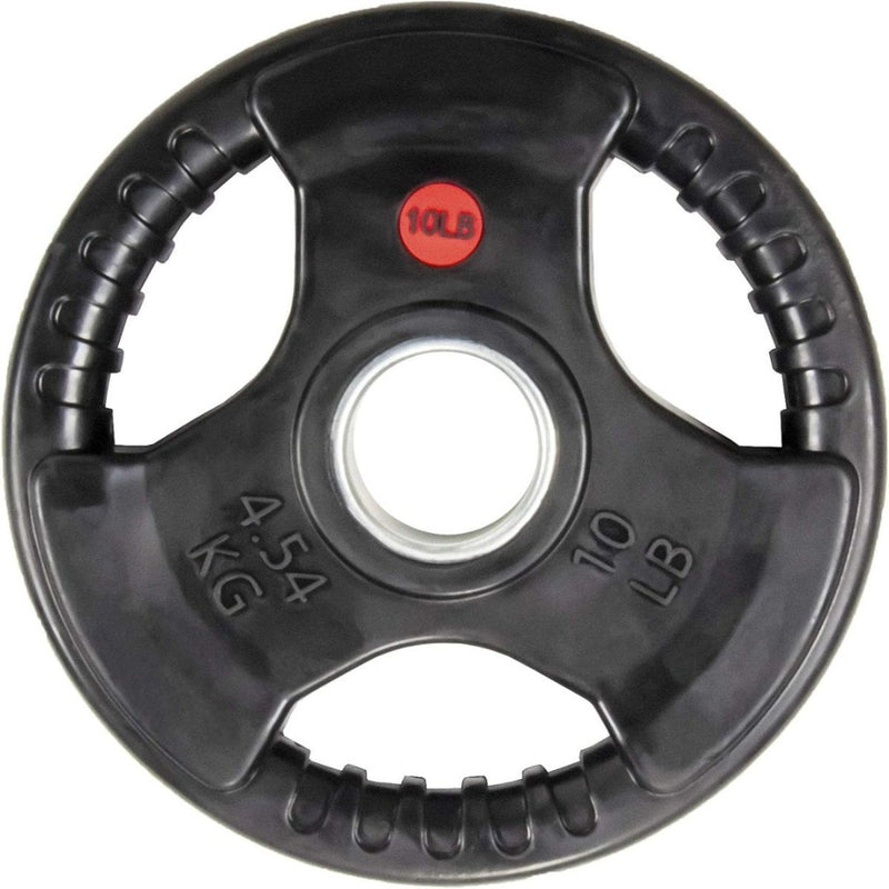 Laad afbeelding in Galerijviewer, Verbeter uw kracht- en fitnessdoelen met onze zwarte, 4,5 kg zware, met rubber beklede, 5 cm grote Olympische halterschijf met drie handgrepen en een gat in het midden voor een halterstang. Ideaal voor krachttrainingsoefeningen.

