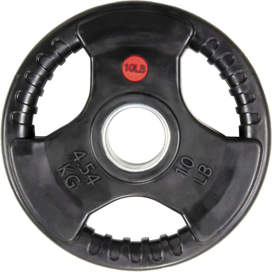 Verbeter uw kracht- en fitnessdoelen met onze zwarte, 4,5 kg zware, met rubber beklede, 5 cm grote Olympische halterschijf met drie handgrepen en een gat in het midden voor een halterstang. Ideaal voor krachttrainingsoefeningen.