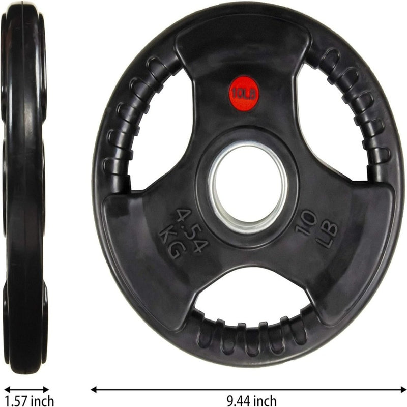Laad afbeelding in Galerijviewer, De zwarte 10-pond gewichtsplaat, gemarkeerd met 4,54 kg, met handgrepen en rubberen coating wordt getoond van boven- en zijaanzicht. Het heeft een diameter van 9,44 inch en een dikte van 1,57 inch, ideaal voor krachttrainingsoefeningen met behulp van Word sterker&#39;s Olympische grip gewichtsplaten om uw fitnessdoelen te bereiken.
