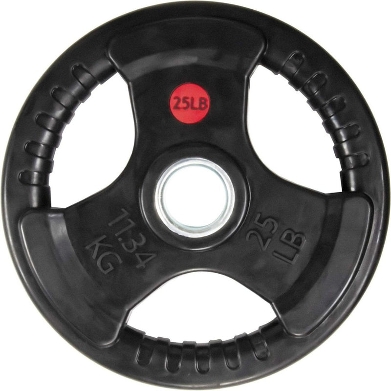 Laad afbeelding in Galerijviewer, Een zwarte, ronde gewichtsschijf van 25 pond met de opschriften &quot;11,34 kg&quot; en &quot;25 LB&quot;, voorzien van een rubberen coating voor duurzaamheid, Olympische gripplaten voor veilige bediening en een gat in het midden, perfect voor krachttraining.

