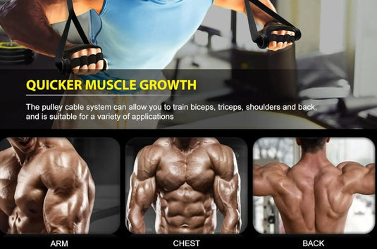 Een man gebruikt de "Wordt een krachtpatser met dit fitness kabel lat pulley systeem!" voor een bovenlichaam workout, waarbij hij zijn gespierde armen, borst en rug benadrukt. Ontdek hoe dit multifunctionele fitnessapparaat de spiergroei versnelt door gerichte krachttraining thuis.