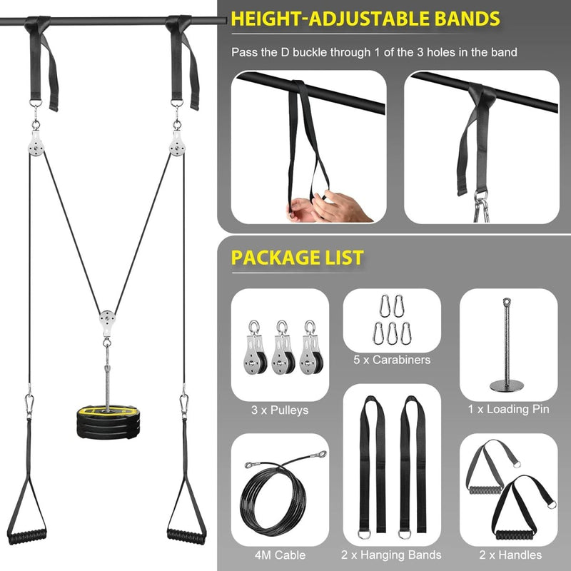 Laad afbeelding in Galerijviewer, Introductie van het &quot;Wordt een krachtpatser met dit fitness kabel lat katrol systeem!&quot; Het is een in hoogte verstelbare bandopstelling met 3 katrollen, 5 karabijnhaken, een laadpin, 4m kabel lat katrolkabel, 2 ophangbanden en 2 handvatten voor krachttraining thuis. Installatie-instructies en pakketlijst inbegrepen.
