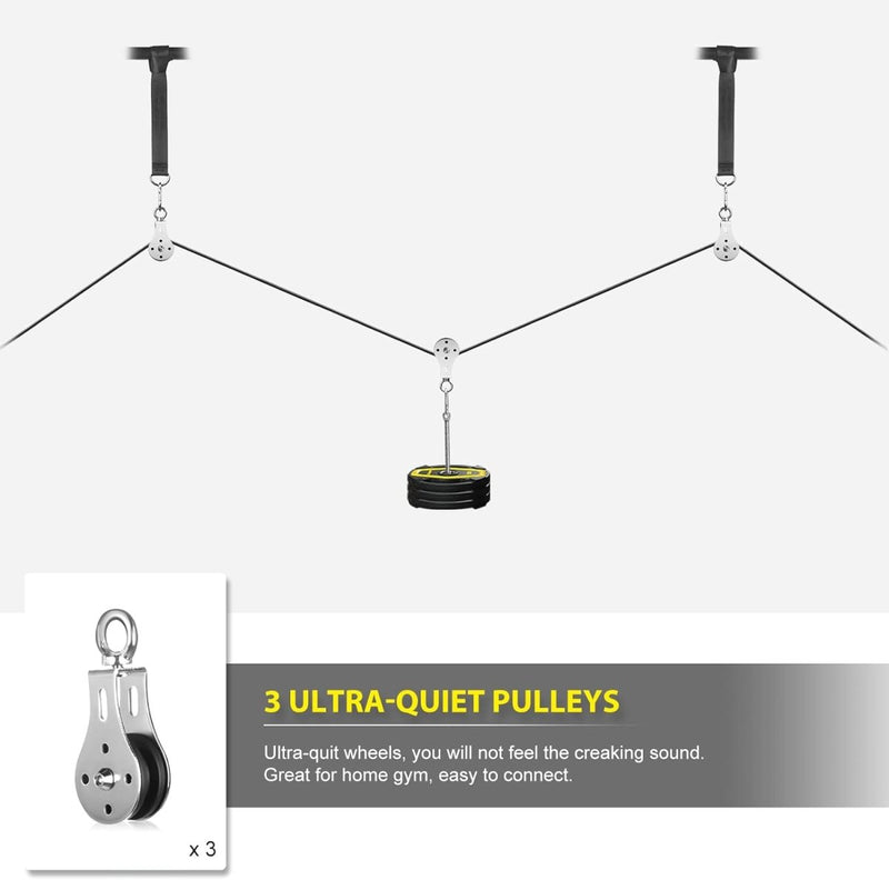 Laad afbeelding in Galerijviewer, Ervaar krachtige thuistrainingen met &quot;Wordt een krachtpatser met dit fitness kabel lat katrol systeem!&quot; Dit plafondtoestel is voorzien van drie ultrastille, identieke katrollen voor multifunctionele, soepele krachttraining thuis.
