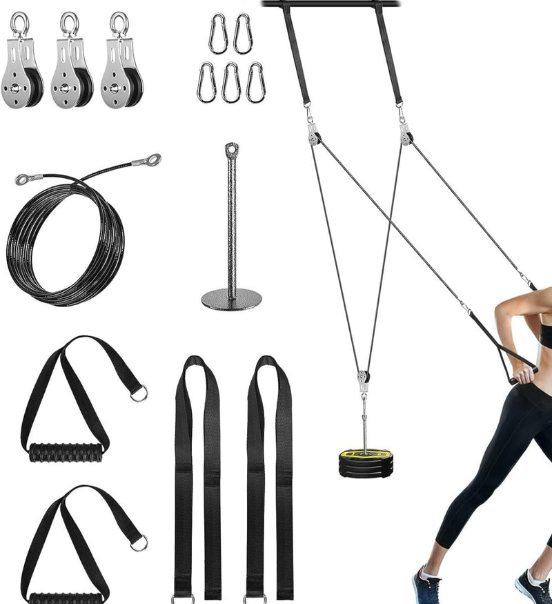 Laad afbeelding in Galerijviewer, Ontdek het &quot;Wordt een krachtpatser met dit fitness kabel lat katrol systeem!&quot; - een homegymsysteem met riemen, handgrepen, katrollen, kabels en karabijnhaken voor krachttraining thuis. Ideaal voor gewichtheffen en gedemonstreerd door een actieve gebruiker.
