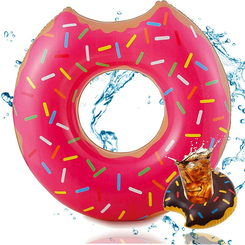 Laad afbeelding in Galerijviewer, Beleef de ultieme zwemervaring met onze XXL roze opblaasbare donutvormige zwemband, voorzien van kleurrijke spikkels en een realistische bijtplek, aangevuld met een opblaasbare bekerhouder in hetzelfde speelse thema.
