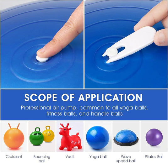 Close-up van een blauwe oefenbal met een witte sproeikop. Hieronder zijn vijf opblaasbare items gelabeld: Croissant, Bouncing ball, Vault, Yoga ball, Wave speed ball en Pilates ball. Het Yogabal luchtstop-systeem zorgt voor veelzijdigheid en duurzaamheid door lekken te voorkomen voor eenvoudig opblazen en leeglopen.