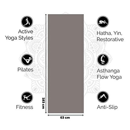 Productafbeelding toont een grijze yogamat, 183 cm x 63 cm, met nadruk op toepassingen voor yoga, pilates en fitness. Pictogrammen benadrukken de duurzame antisliplaag die stabiliteit garandeert. Productnaam: Yogamat - Optimale grip en comfort voor elke yogavorm.