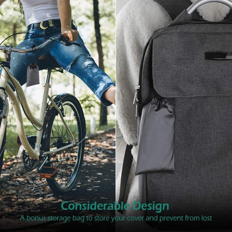 Laad afbeelding in Galerijviewer, Gesplitst beeld: Links is een persoon met een fiets te zien. Rechts staat een grijze rugzak met opbergruimte voor &quot;Geniet van comfortabele fietsen met onze hoogwaardige zadelhoezen voor optimale bescherming.&quot; Op de overlay staat &#39;Considerable Design&#39; en wordt de opslag van de waterdichte hoes benadrukt.
