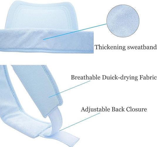 Lichtblauwe Zonneklep voor vrouwen met een verdikkende zweetband, ademend sneldrogend materiaal, verstelbare rugsluiting en UV-bescherming voor comfort op zonnige dagen.
